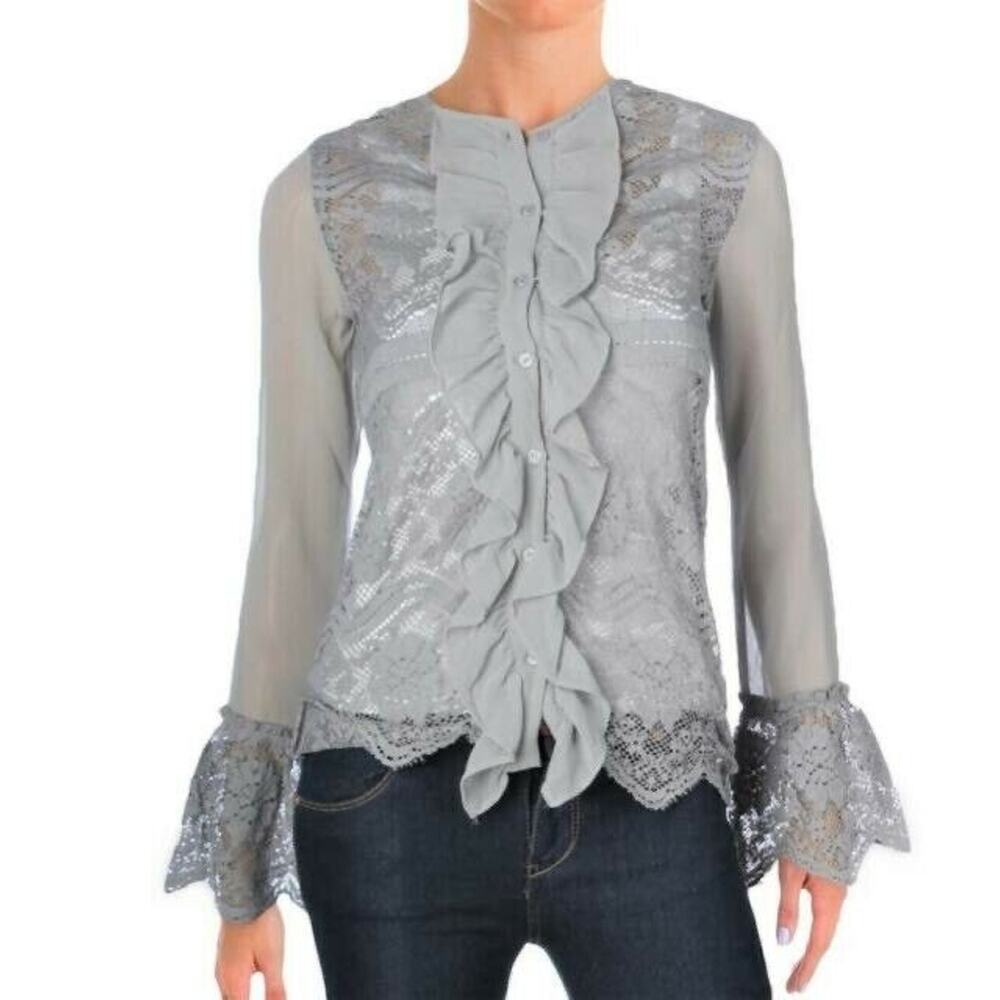 WALTER BAKER Blouse Ruby Gray Lace Button Down Top Long Sleeve Ruffles Medium